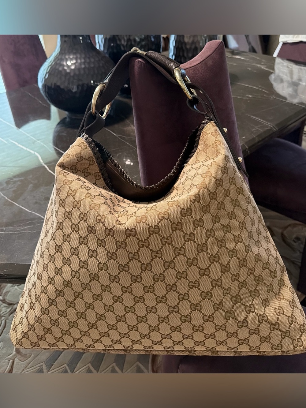 ICONIC VTG GUCCI Large GG Canvas Horsebit Hobo Bag w Leather Trim - EVC w Duster - Picture 3 of 16